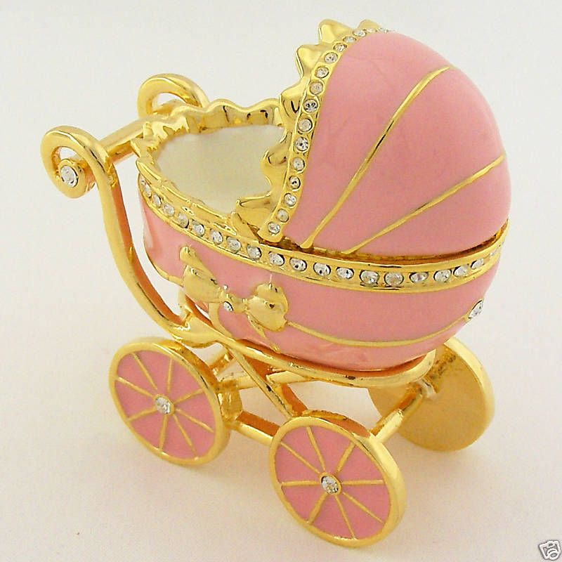 Baby Girl Stroller Miniature Gold Pink Enamel Swarovski Crystal Juju 