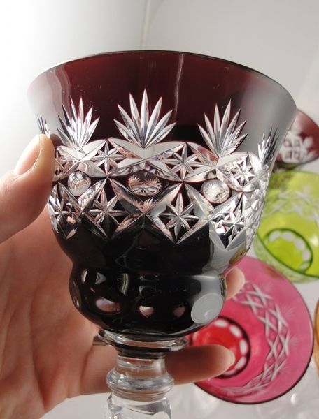Vintage Lot of 7 Color Cut Crystal Wine Goblet Glasses