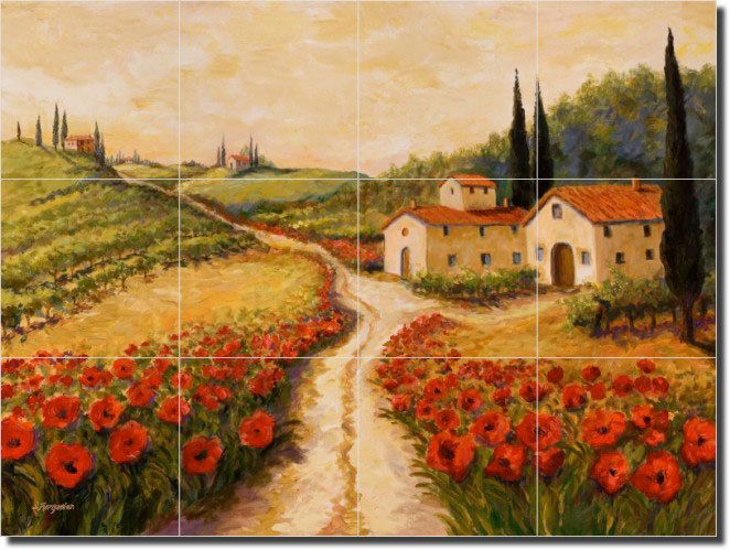 Tuscan Red Poppy Ceramic Tile Mural Kitchen Backsplash