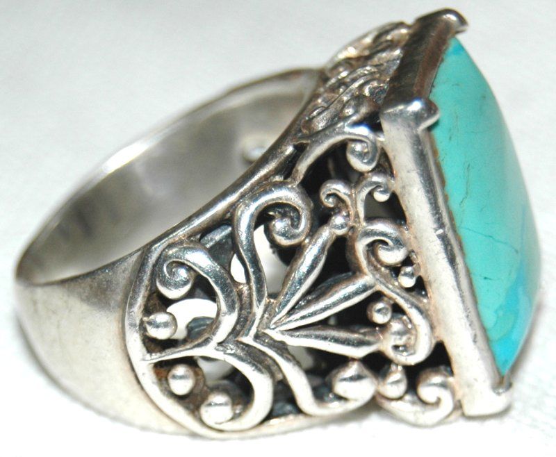 Big Bold Barse Carved Filigree Turquoise Sterling Ring