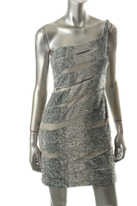 Basix New Silver Sequined Cutout Mesh One Shoulder Sheath Clubwear 