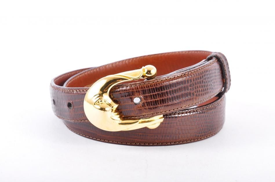 Barry Kieselstein Cord Brown Lizard Belt with Bronze Moon Buckle SZ 1