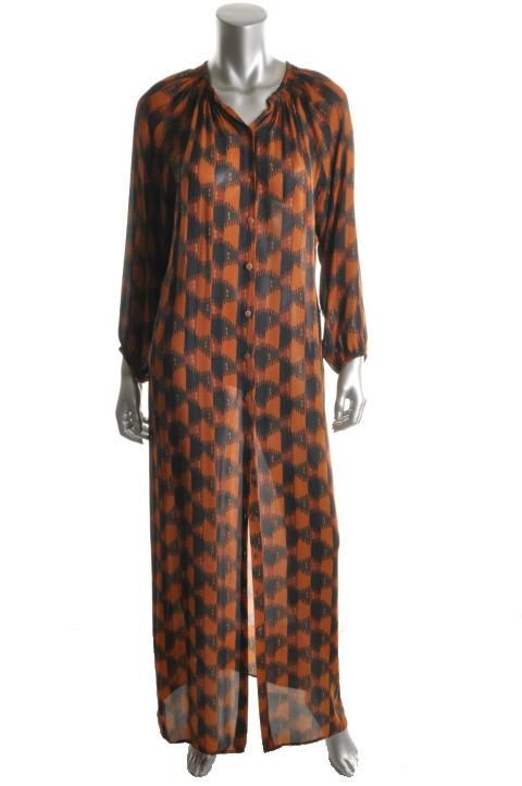 Tucker by Gaby Basora Brown Printed Silk Smocked Neck Casual Dress M 