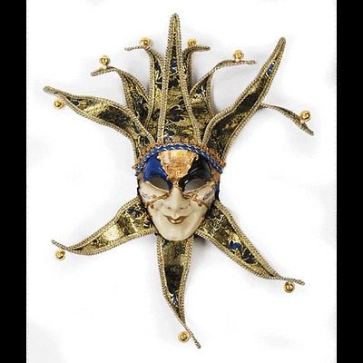 ADULT DARK BLUE JESTER VENETIAN MASK W BELLS MARDI GRAS MASQUERADE 