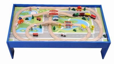 Wooden Train Set w/ Table 100%Compatible with Thomas, Brio & Chuginton 