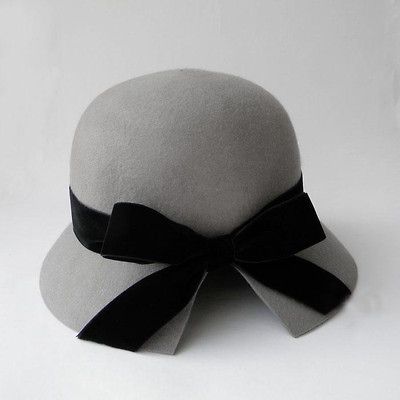 Cute Velve Bow Gray Wool Felt Woman Vintage Cloche Winter Hat Wedding 