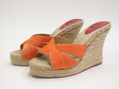 Christian Louboutin Orange Ribbon Slip On Espadrille Wedges 38 $270