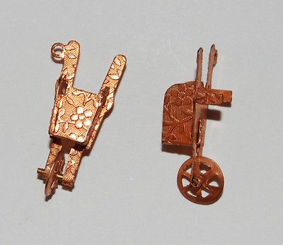 VINTAGE COPPER WHEEL BARROW CHARM DANGLE BEAD ANTIQUE METAL STAMPINGS