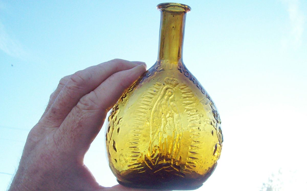 PONTILED YELLOW CATHOLIC HOLY WATER BOTTLE JUAN DIEGO N S DE GUADALUPE 