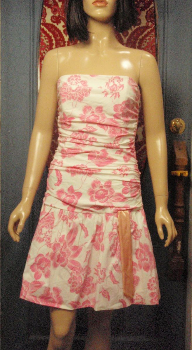 ABS Allen Schwartz Strapless Dress PINK & PEACH Floral Ruched Cocktail 