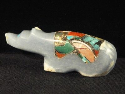 NR Blue Angelite Bear w Inlay by Jayne Quam Zuni Fetish Native 