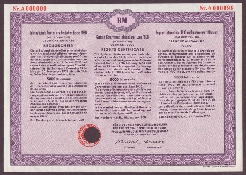 for 5000 reichsmark issued and punch cancelled certificate is in very 