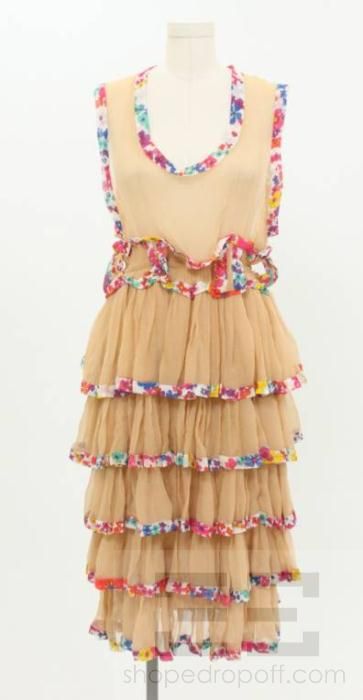 Herchcovitch Alexandre Nude Sheer Floral Trim Ruffle Dress Size M 