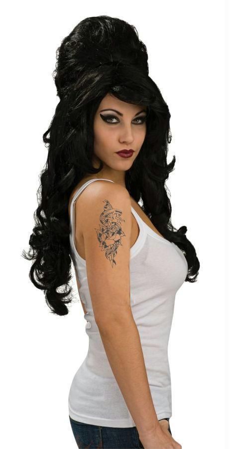 REHAB SINGER AMY WINEHOUSE BLACK BEEHIVE LONG WIG COSTUME DRESS 