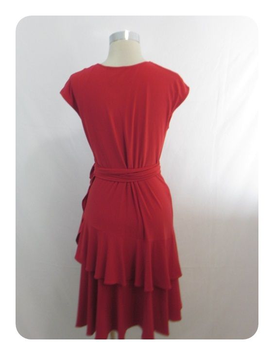 New Jones New York Vermillion Red Cap Sleeve Tiered V Neck Wrap Dress 