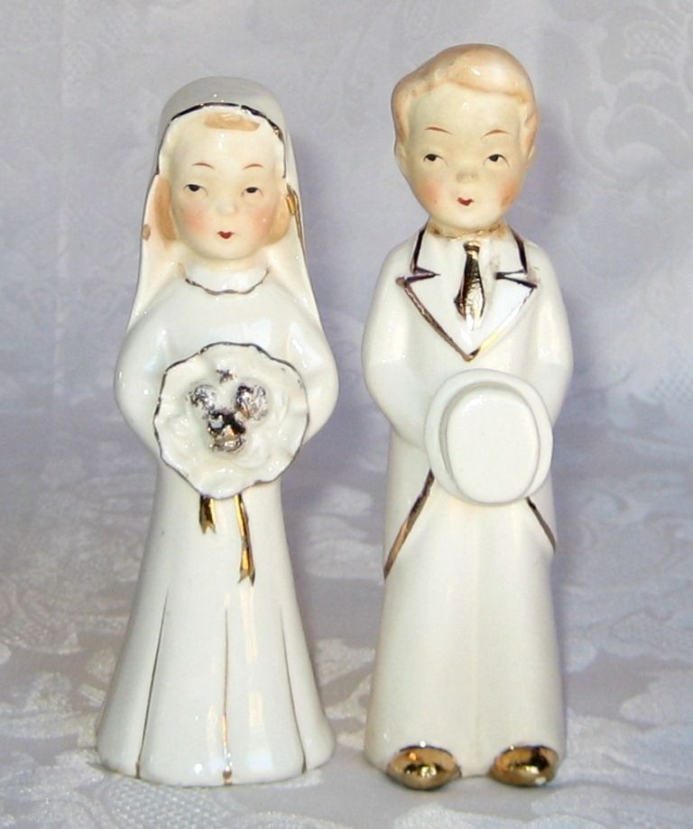Antique Vintage Gold Gilt Porcelain Bride Groom Figurines Wedding 