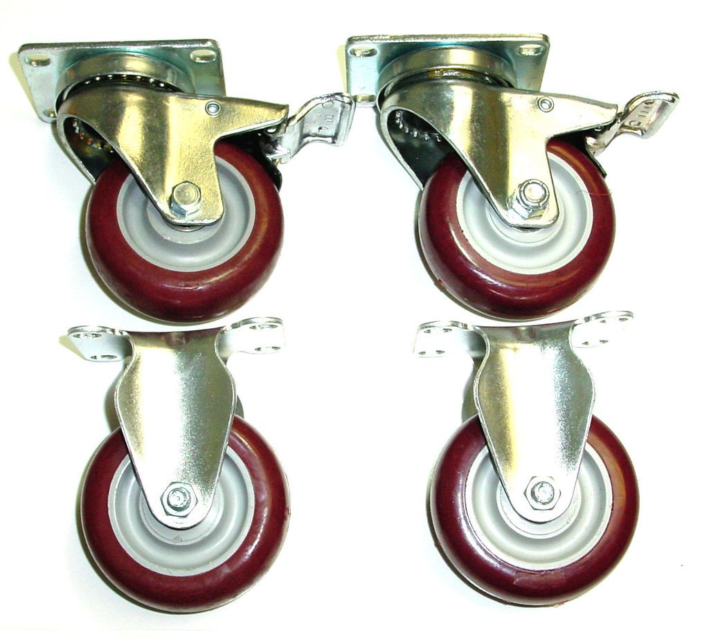 Set 4 Plate Casters with 4 Maroon Polyurethane Wheels 2 Rigid, 2 