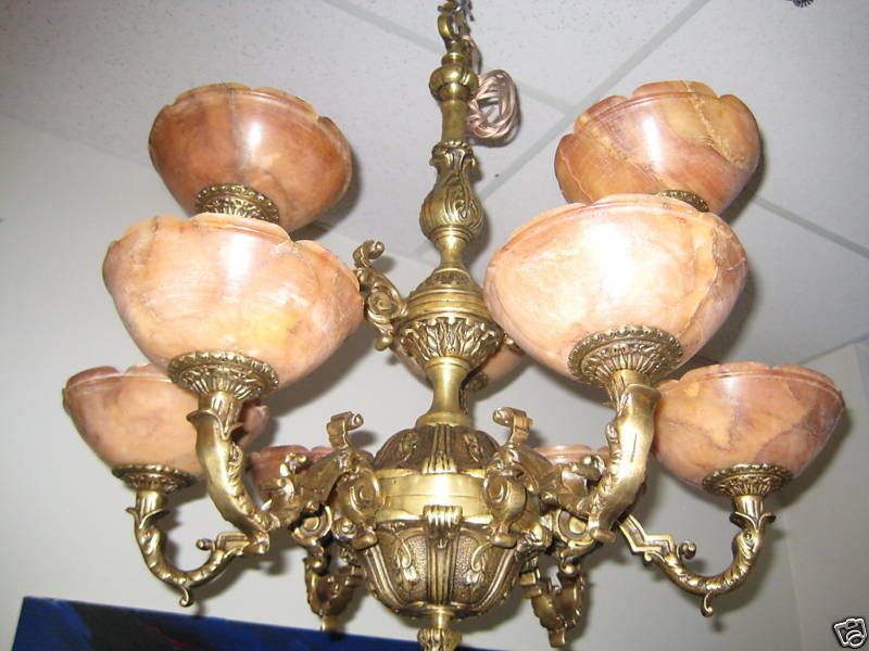 ANTIQUE & SOLID BRONZE & REAL ALABASTER 9 LIGHT CHANDELIER Europe 