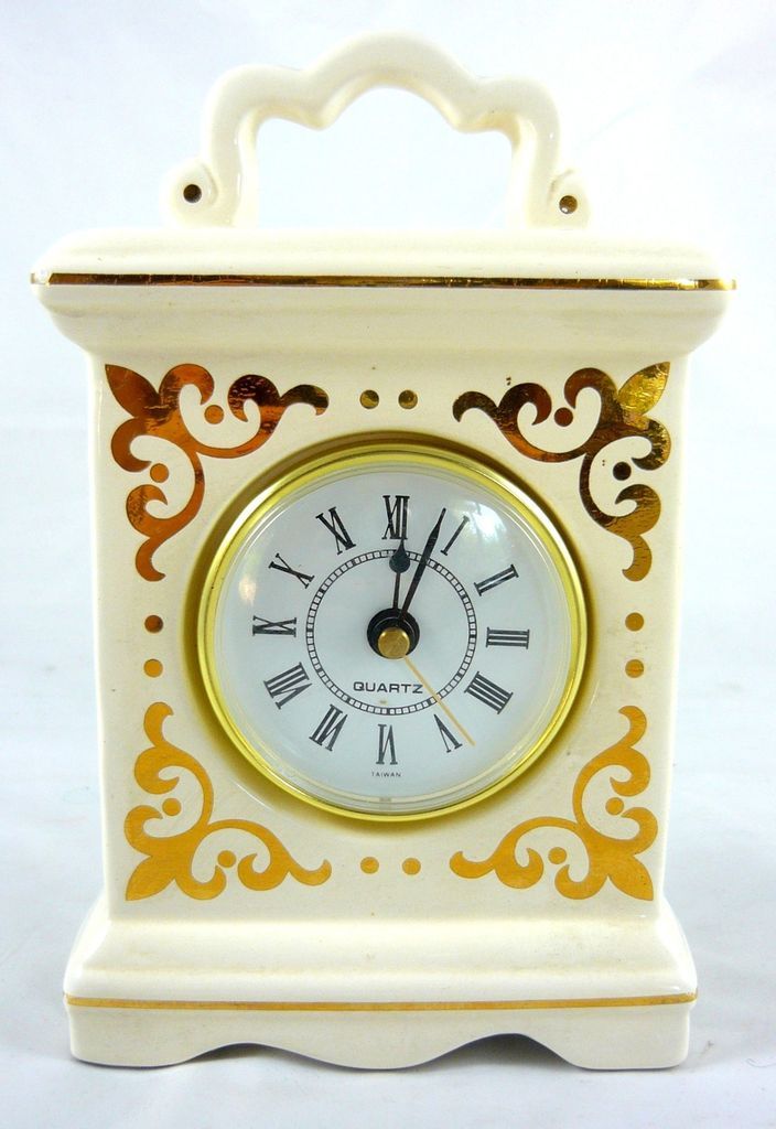 Vintage Ceramic CARRIAGE Mantel CLOCK White & Gold accent Quartz 7 