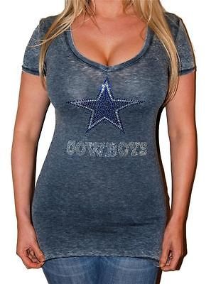 SEXY DALLAS COWBOYS RHINESTONE BLING STRETCH BURNT OUT T SHIRT TOP