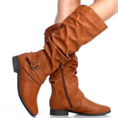 Cognac Brown Buckle Slouch Western Zipper Womens Flat Knee High Boots 