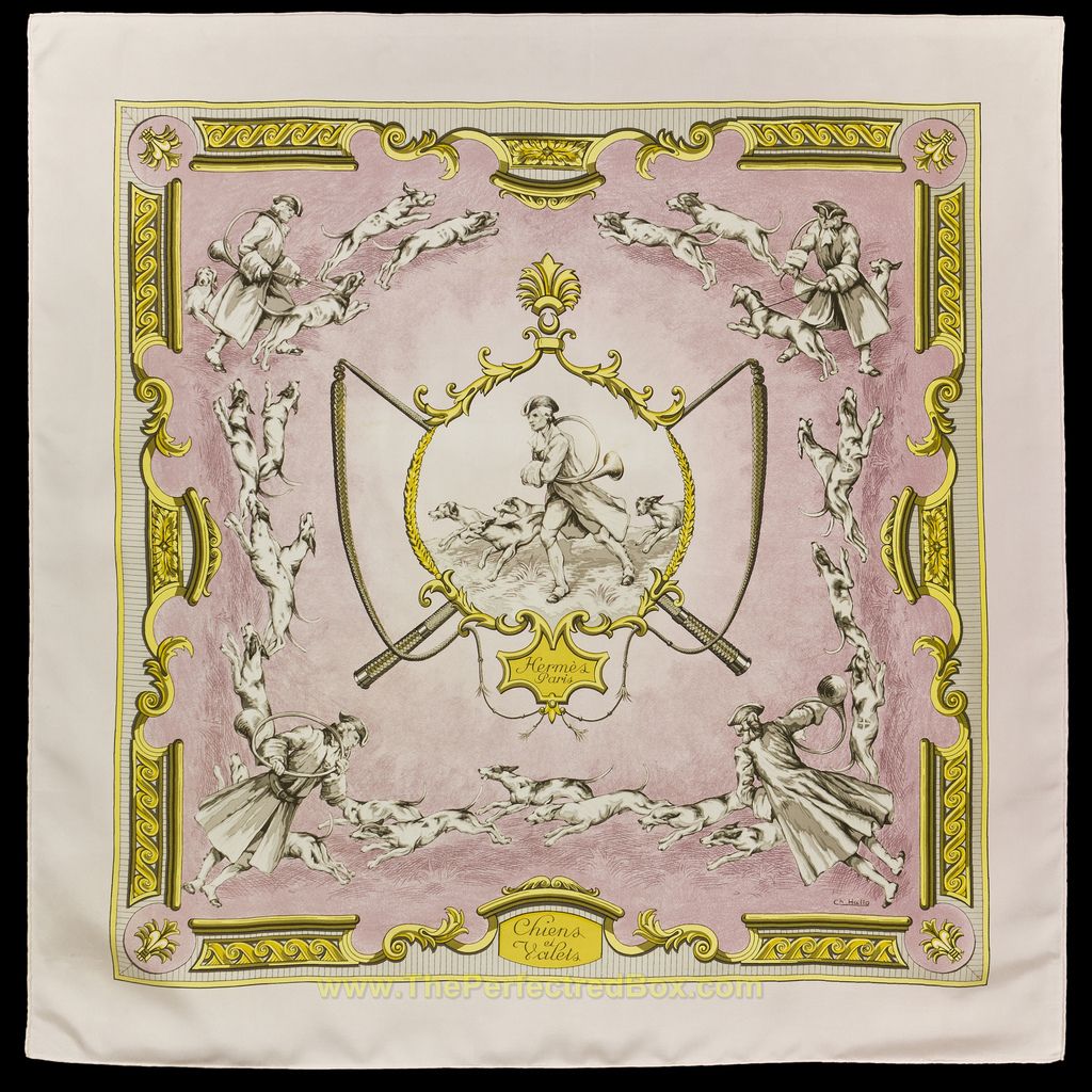 Authentic Vintage Hermes CHIENS ET VALETS Silk Scarf HALLO 1963