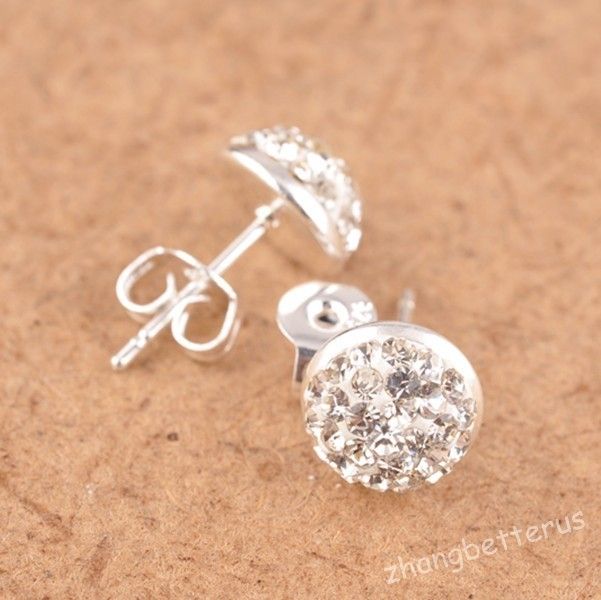 One Pair Austrian Crystal Pave Disco Half Ball Stud Silver Earrings 