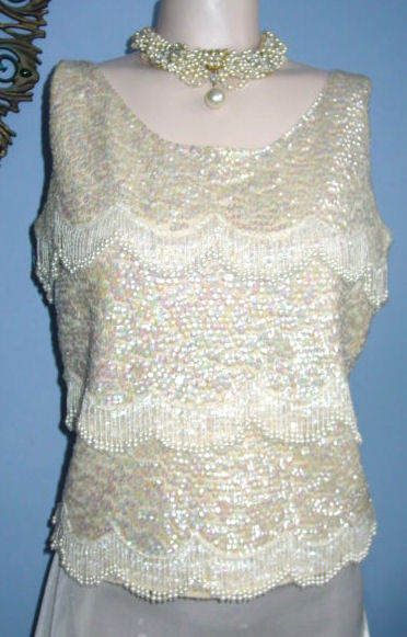 Vintage Cream IRIDESCENT SEQUIN PEARL FRINGE Heavily Beaded Sleeveless 