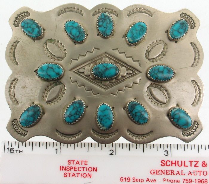 Vintage Bell Turquoise Big Nickle Silver Belt Buckle Motorcycle Riders 