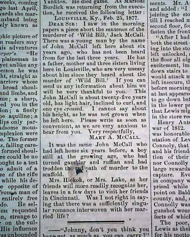   HICKOK Wife Made Widow Again GEN. CUSTER 1877 Bellefonte PA Newspaper