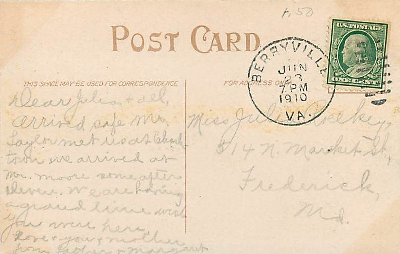 VA BERRYVILLE SHENANDOAH RIVER MAILED 1910 R52159