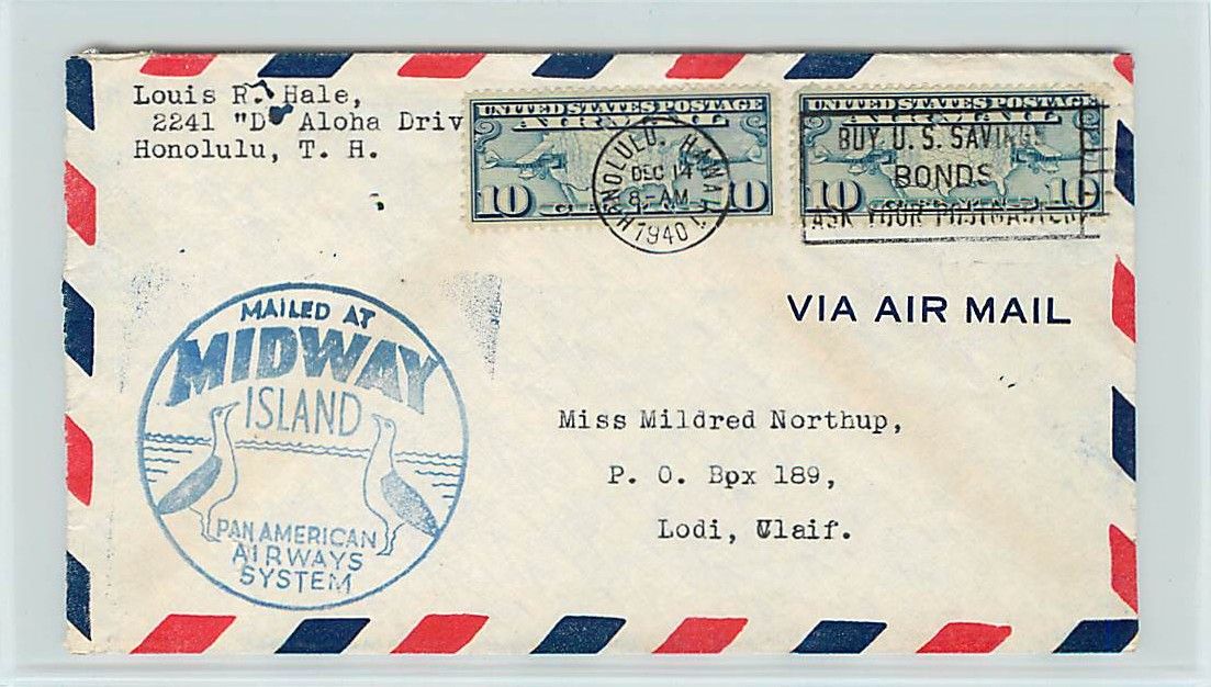   Am Clipper Cover Midway Island Gooney Bird Cachet Honolulu PMK