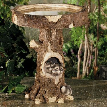 Raccoon Tree Trunk Bird Bath Bird Feeder Garden Decor