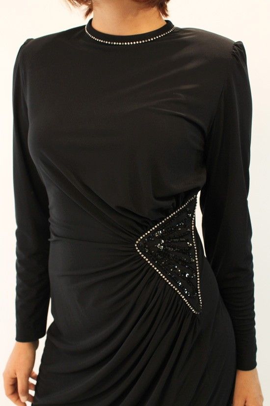 Vintage 80s Lilli Ann Rhinestone Sequin Draped Dress s M Hip Gathers 