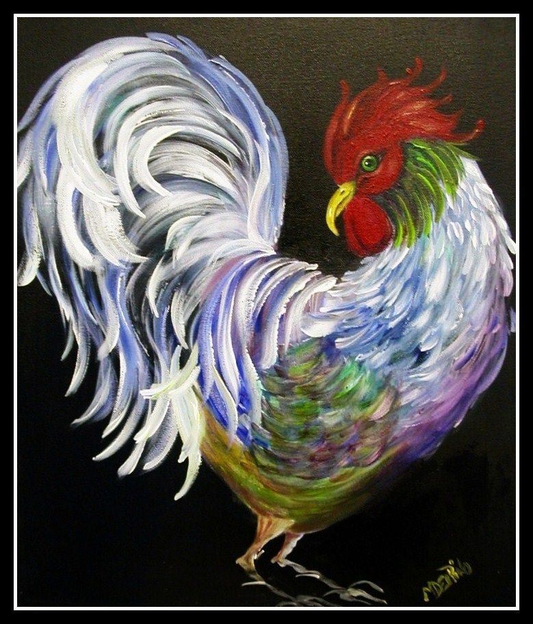 Rooster black white chicken farm folkart print country farm barnyard 