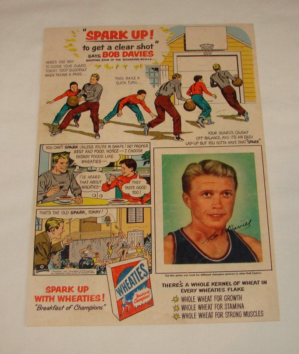 1954 Wheaties BOB DAVIES cartoon ad ~ Rochester Royals