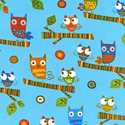 Blue Owl Bird on A Whim 2 Earth Child Boy Quilt Fabric