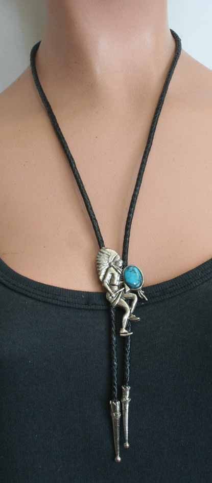 Ancient Civ 70s Sim Turquoise Silvertone Chief Bolo Tie