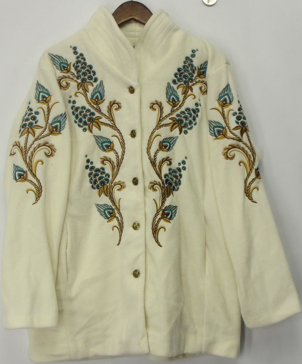 Bob Mackie Sz L Embroidered Fleece Jacket Ivory New