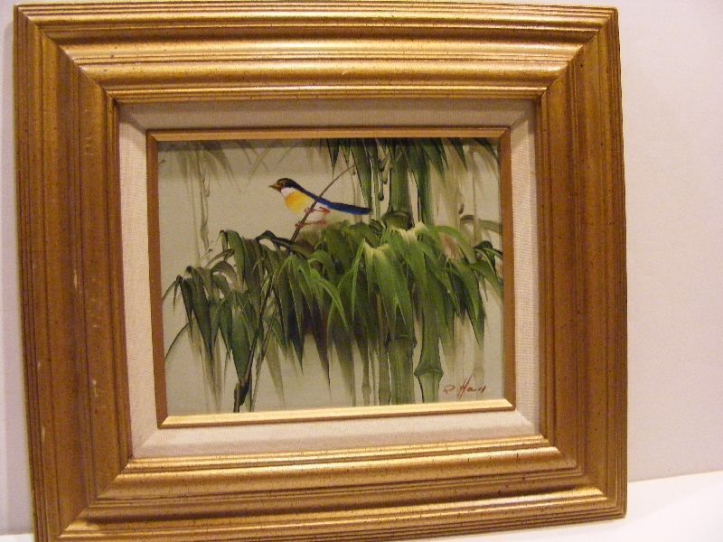 EXQUISITE Oil Painting Richard Robert R. Hall Listed Bird Bamboo Trees 
