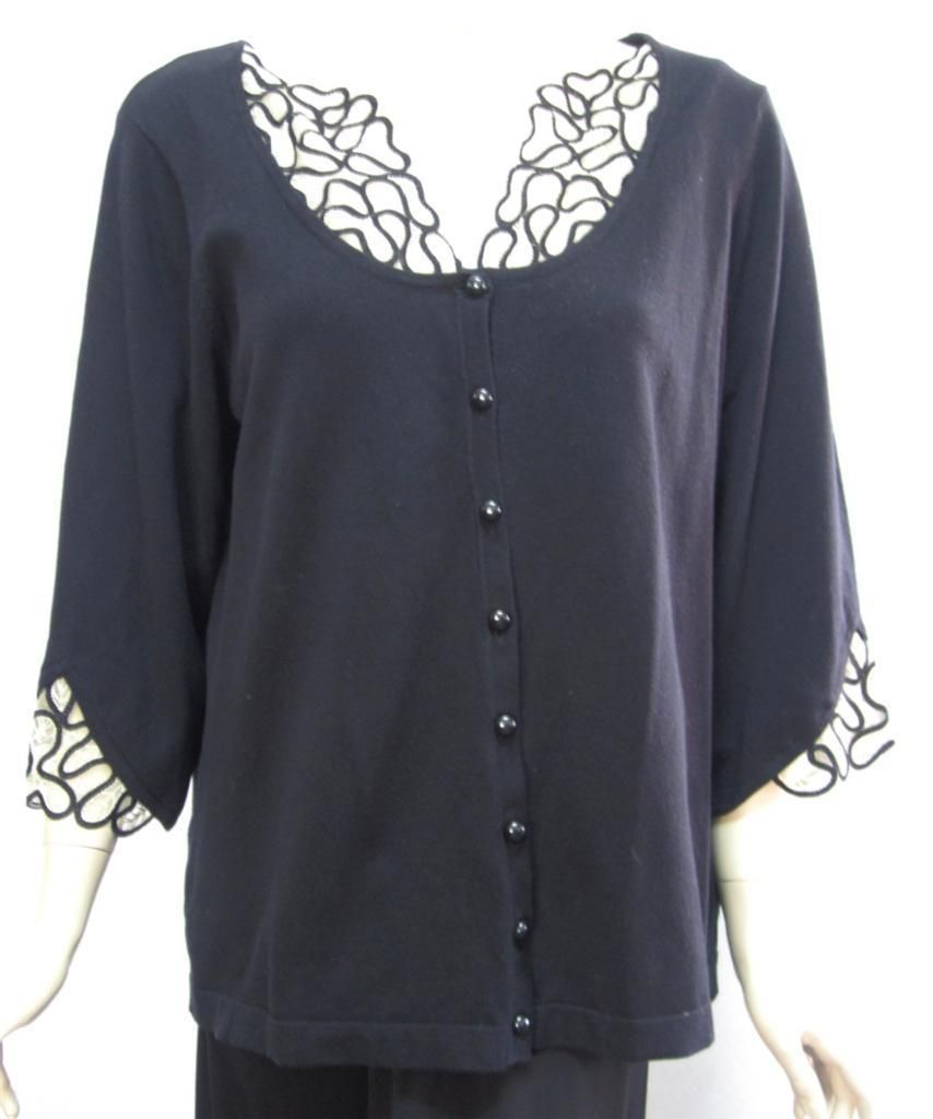 Bob Mackie Sz L 3 4 Sleeve Embroidered Detail Cardigan Sweater Black 