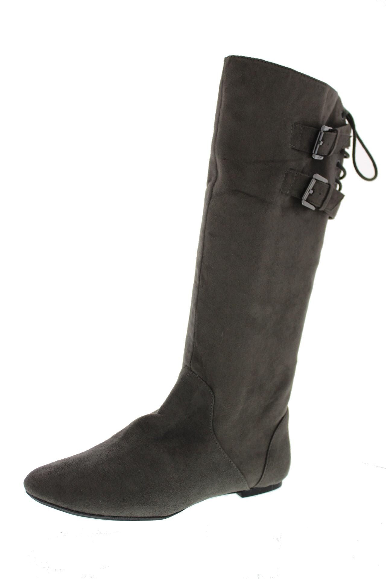 Material Girl New Bonita Gray Faux Suede Belted Lace Up Mid Calf Boots 