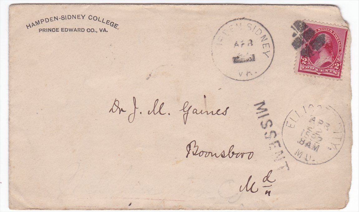 Hampden Sidney College 1892 Cover to Boonsboro MD Missent