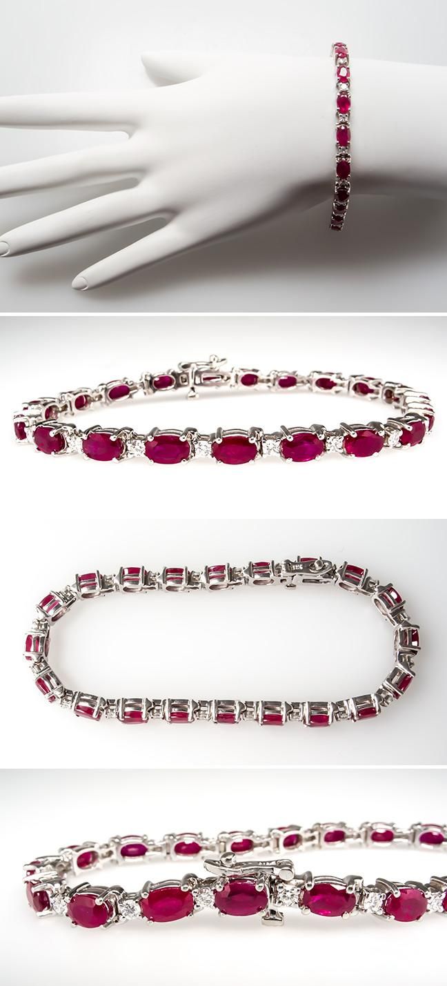 Natural Ruby & Diamond Tennis Bracelet Solid 14K White Gold Jewelry 