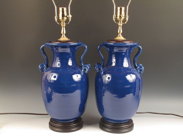 Pair Bradburn Gallery Blue Porcelain & Brass Electric Table Lamps