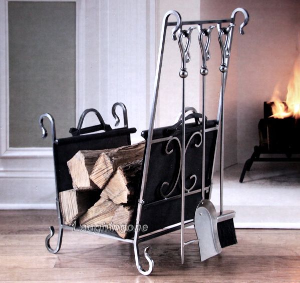 Fireplace Tool Tools Set and Log Holder Combo Pewter with Black Canvas 