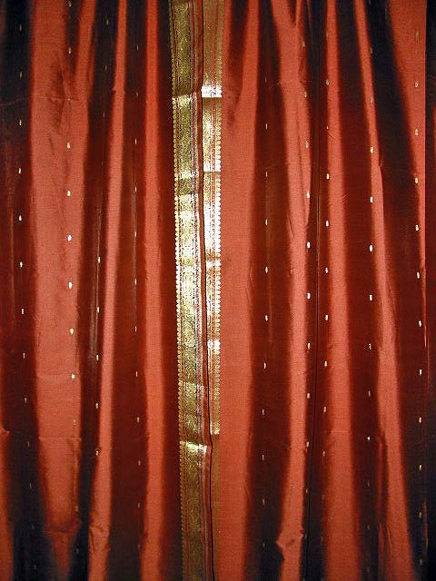 These Brown silk sari window curtains with golden floral border 