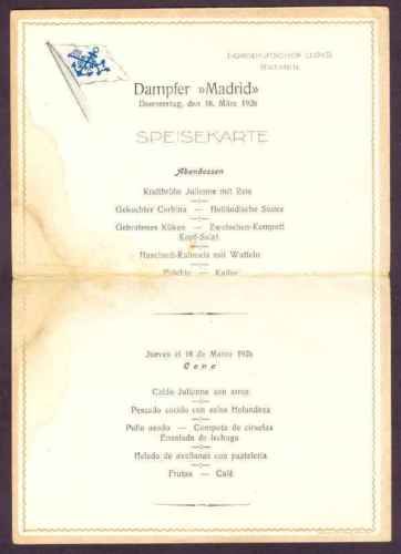 Dampfer Madrid Menu 1926 Norddeutscher Lloyd Bremen L K