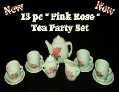   PINK ROSE PORCELAIN Child TEA Party SET Girls playing Tea Time W/ Doll