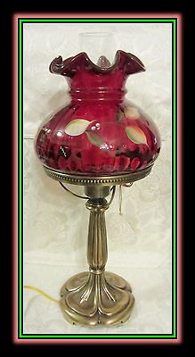 2011 Fenton Glass Ruby Handpainted Electric 19 Student Lamp